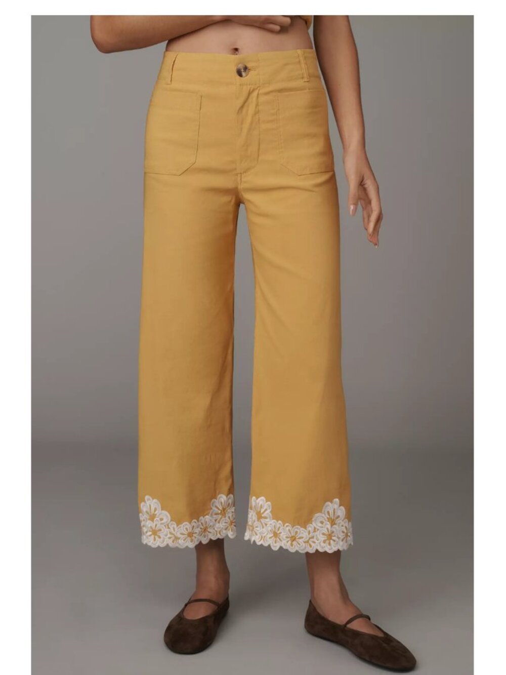 Anthropologie Maeve Colette Embroidered Crop Wide-Leg Pants Narcissus Gold 27
